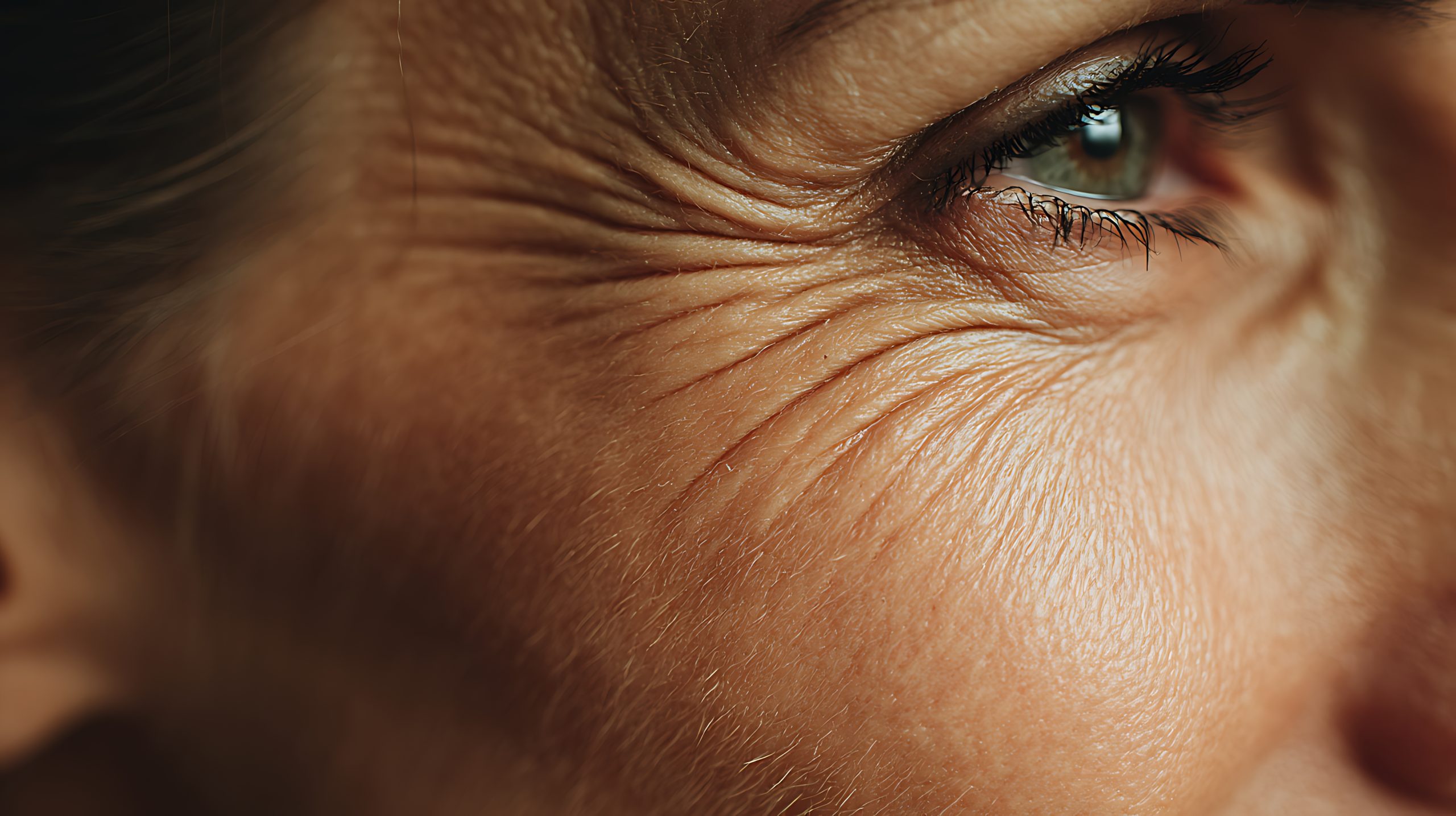 extreme close up of a human eye and wrinkled skin texture